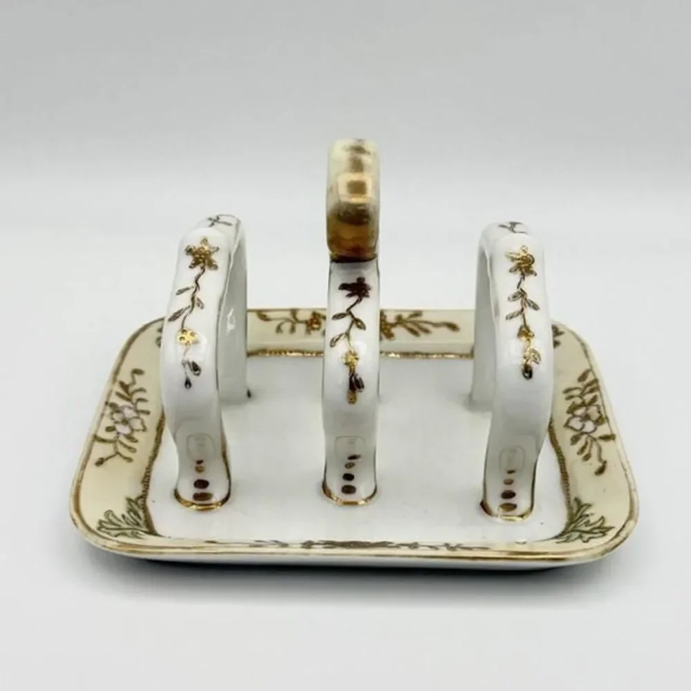 Antique Nippon Hand Painted Toast Rack Holder White Gold Flower Bead Trim 5 in